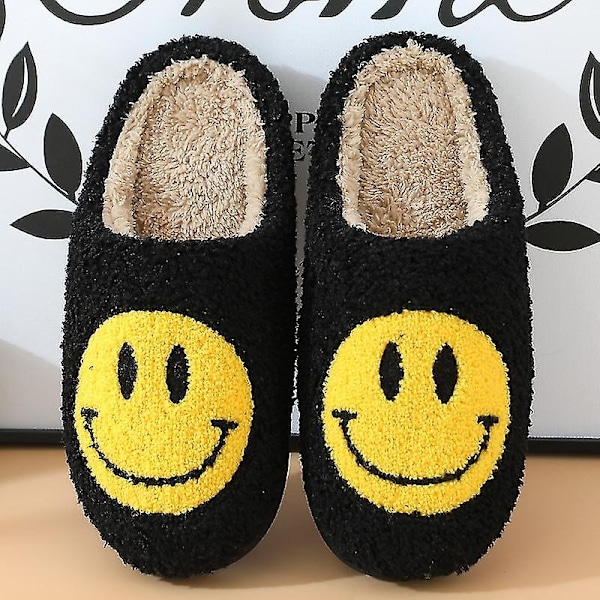 Retro Smiling Face Soft Plush Comfortable Warm Slip-on Slippers For Couples Winter Warm Indoor Accessories - Perfet Black