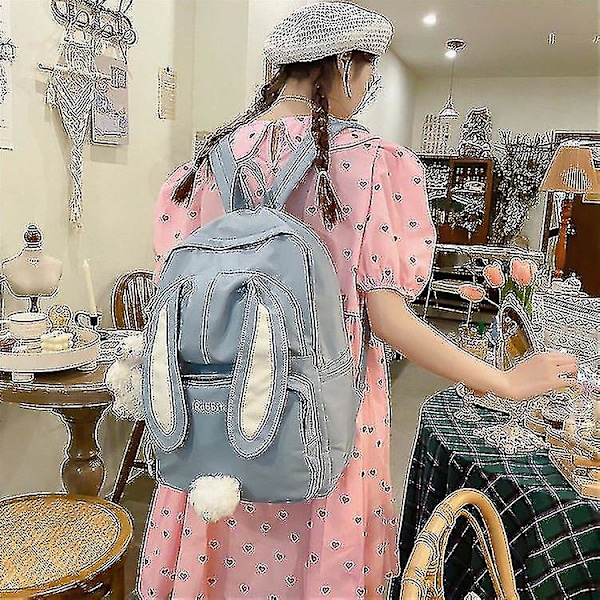 Søt Kanin Ung Jente Skolesekk Dame Stor Kapasitet Kawaii Ryggsekk Mochila Rosa Dameveske Nylon Tegneserie Skolesekk Med Bjørnedukke