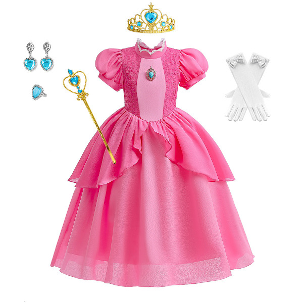 Flickklänning cosplay Wednesday Brigitte prinsessklänning spets sömnad puffärmar barn Mario 5 delar Mario 5pcs 140