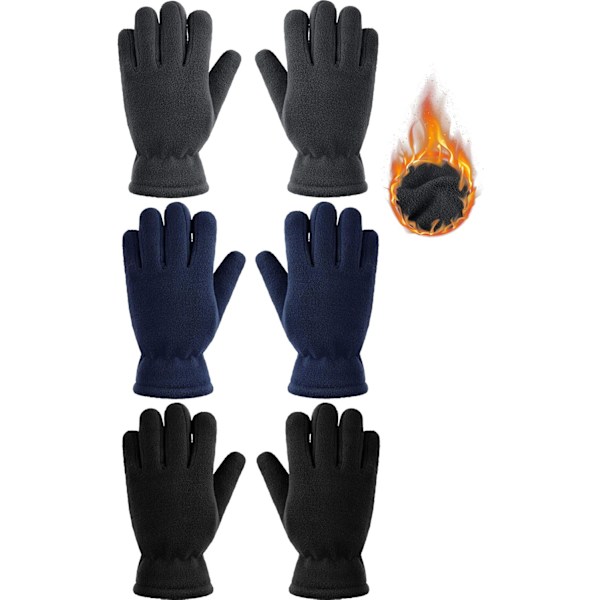 INIOR 3 Par Barn Fleece Vinterhandskar Varma Fullfingerhandskar för Pojkar Flickor Barn Snö Utomhusaktiviteter Tillbehör Svart, Grå, Na 5-8 År
