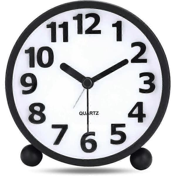 Silent Analog Alarm Clock, Black Metal Large 3D Numerals, Tick-Free Table Clock With Night Light Bedside Lamp 10.8cm