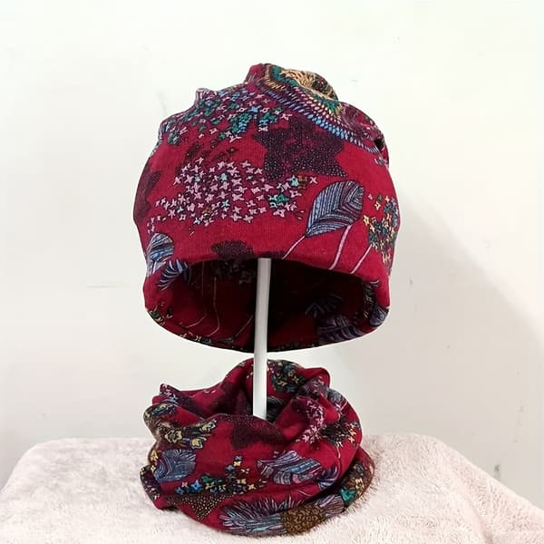 4 stk. Boheme Blomster Beanie Sæt - Blød Strækbar Kemoterapi Hovedbeklædning til Kvinder, Grå/Rød/Blå/Sort Efterår Vinter Hatte 4 Pieces
