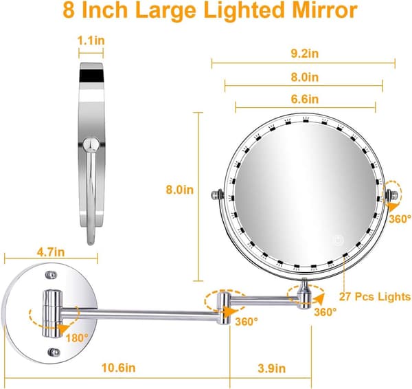 8-inch LED Makeup Mirror Wall Mounted Illuminated Magnifying Mirror, 1x/10x Magnification USB Charging, 360° Extendable Swivel, for Bathroom and Home