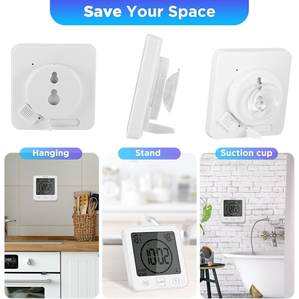 Shower Clock Waterproof, Digital Clock Timer with Alarm, Bathroom Clock with Suction Cup, Temperature Humidity Display, 3 Mounting Methods White