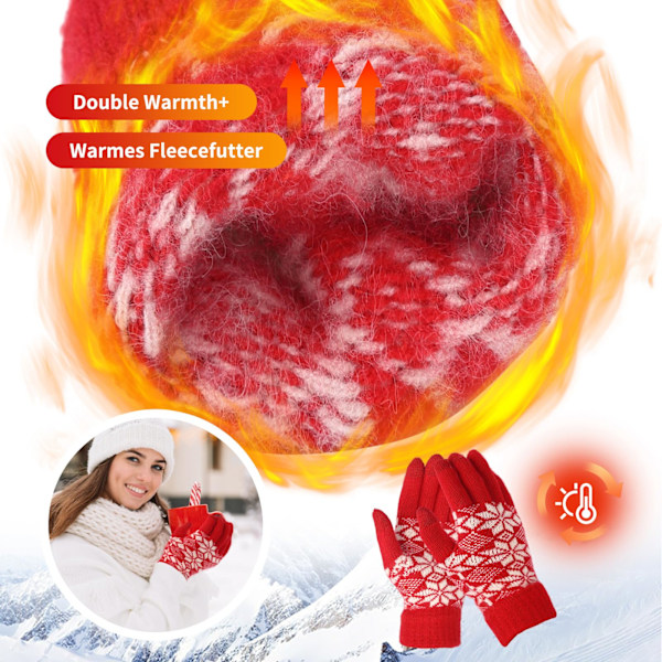 Julhandskar, vinterhandskar för kvinnor med renmotiv, dubbla lager för att hålla värmen, söta vinterhandskar för kvinnor och män till jul