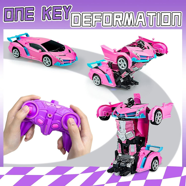 Radiostyrt Bil, Transformerbil Robot RC-biler for Barn Gutter Jenter Gave, 2.4g 1:18 Skala Racingbil med Ett-knapps Rosa