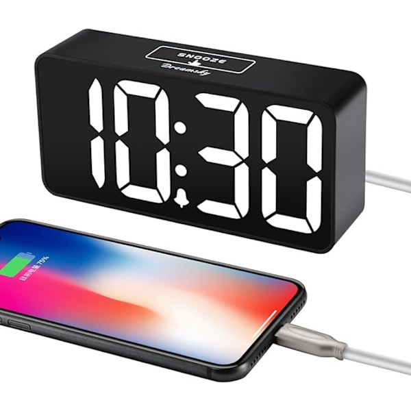 DreamSky Liten Digital Väckarklocka för Sovrum, Stor Tydlig Sifferdisplay med Dimmer för Vardagsrum, USB-C Adapterdriven