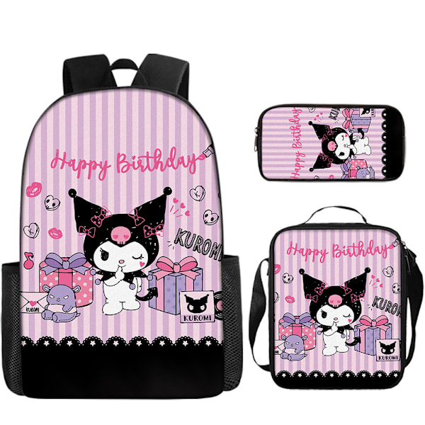 Tecknad Kuromi tredelat set Cinnamon dog KT katt tecknad grund- och gymnasieelever skolväska barnryggsäck 28 Backpack
