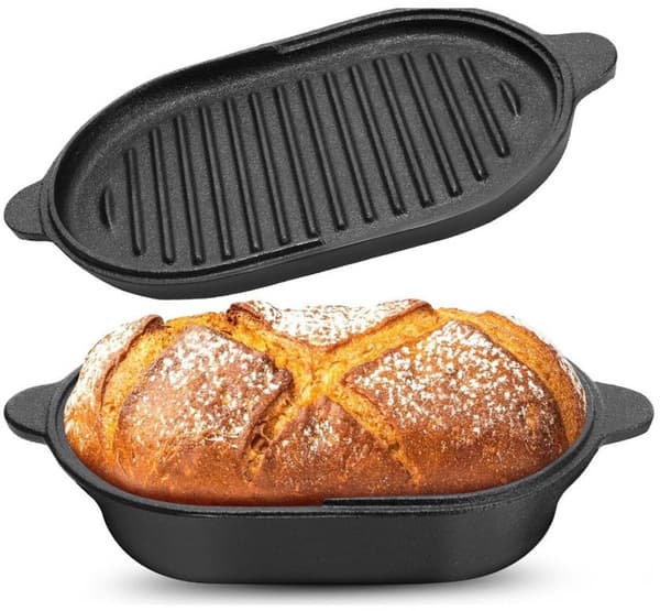 Støpejerns gryte med lokk, forhåndskrydret 2-i-1 brødform for baking og stuing