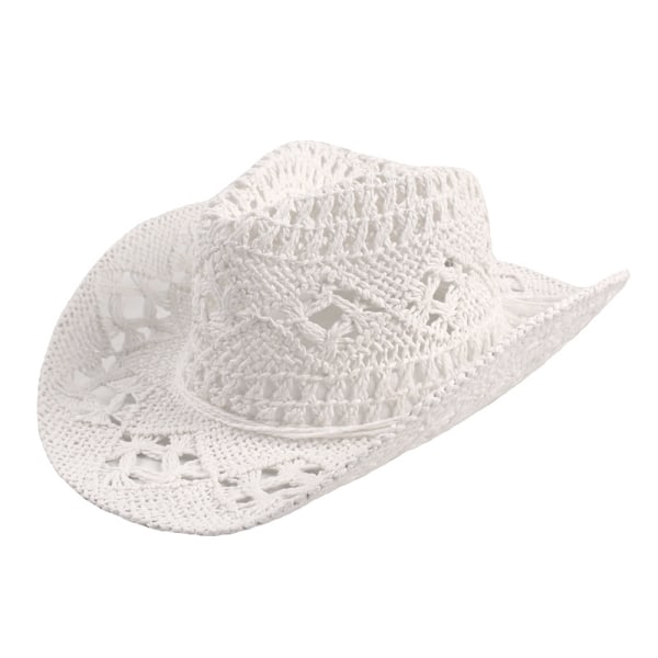 Cowboyhat i strå med bred skygge og hulmønster {hh} White