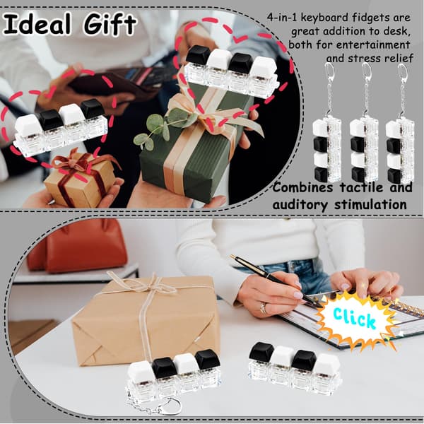 Tangentbords Fidget Nyckelring, 3-pack 4-i-1 Clicker, Fingerdekompression, Stresslindring, Alla hjärtans dag-present, Bärbar Tyst, Barn Kvinnor Black White