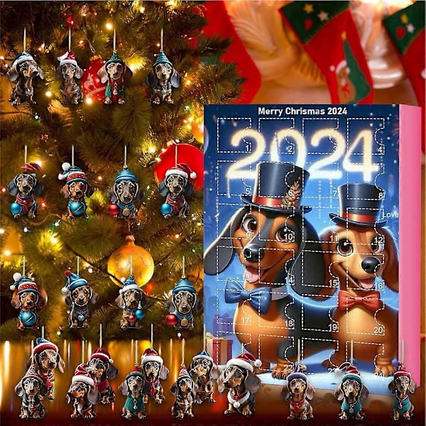 Adventskalender 2024 Jul 24 Dage Nedtælling 2D Akryl Dachshund Hund Hængende Ornament Blind Box Overraskelsesgave