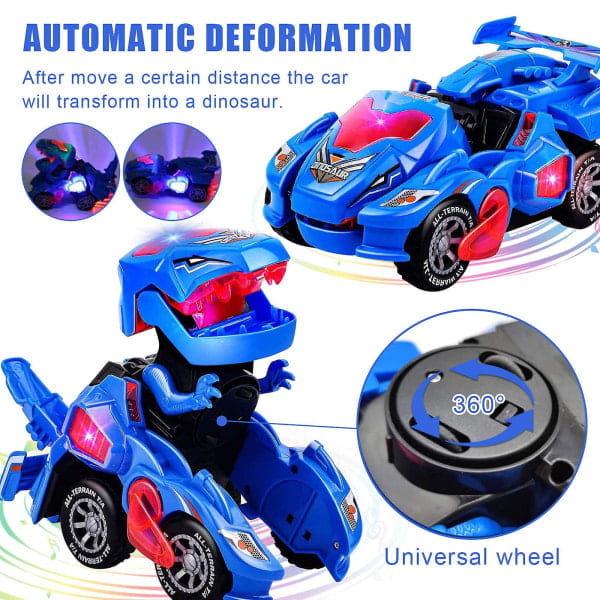 Deformeret dinosaurlegetøj, deformeret dinosaurbil, automatisk deformeret dinosaurbil med musik og LED-lys, deformeret billegetøj blå Blå{hh} Blue