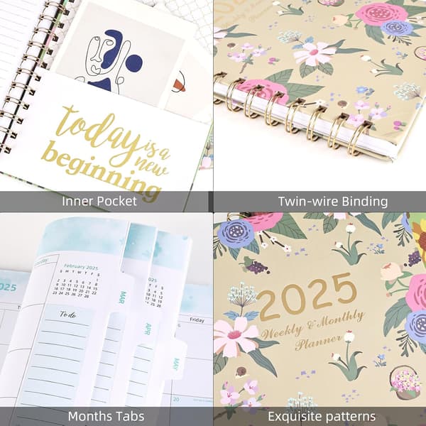 2025 Ugentlig og Månedlig Planlægger A5 Størrelse Blomsterdesign Med Kalender og Organizer