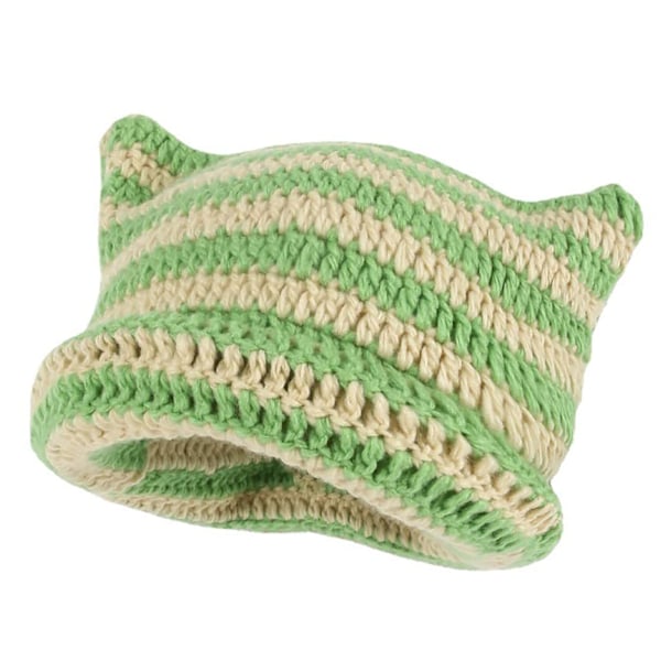 Stickad Kattmössa med Öron, Randig Varm Elastisk Vintermössa, Beige och Grön Beige and Green