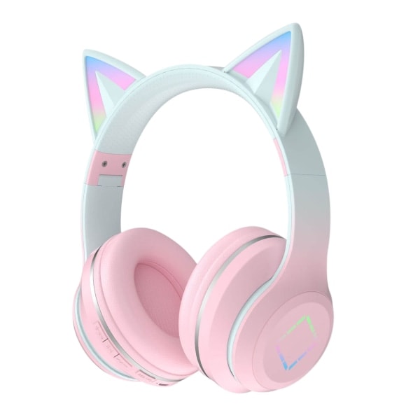 Trådløse Bluetooth-hodetelefoner for barn med katteører, RGB-belysning, sammenleggbare, med mikrofon og volumkontroll for jenter pink
