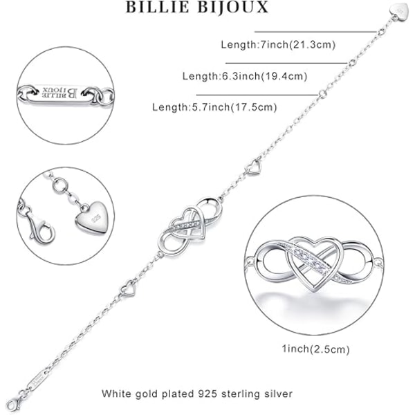 Dame Armbånd 925 Sterling Sølv Infinity Hjerte Hvidguld Belagt Diamant Justerbart Armbånd Bedste Mors Dags Gaver til Kvinder Piger