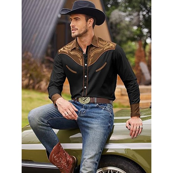 Cowboy skjorte til mænd, afslappet langærmet skjorte med knapper, sort{HH} black 2XL