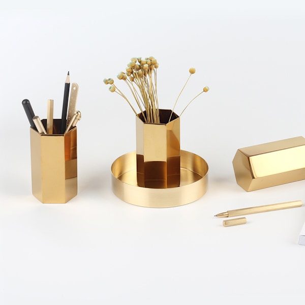 Guld Hexagonal Pennhållare Ornament Kontorsmaterial Organizer Skrivbord