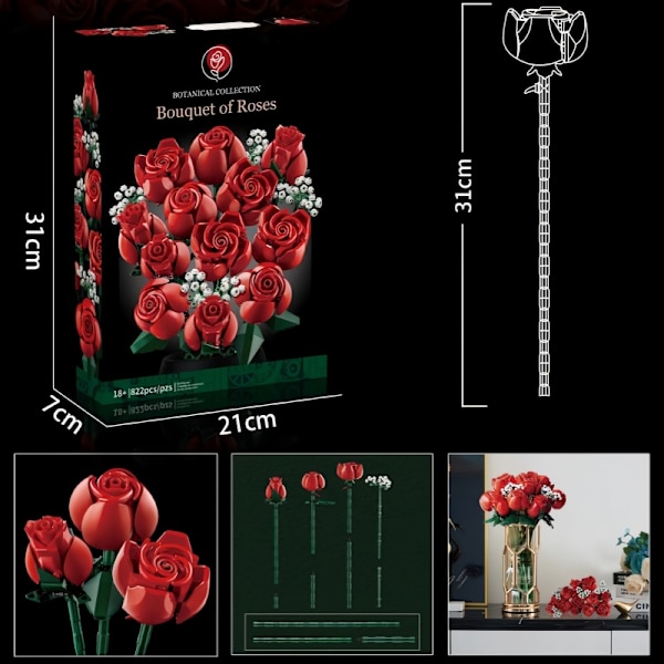 Rakennuspalikat Kukat Säilötyt Kukat Ruusut Ystävänpäivälahja Kimppu Kokoamislelut Replica Gypsophila Rose - 822