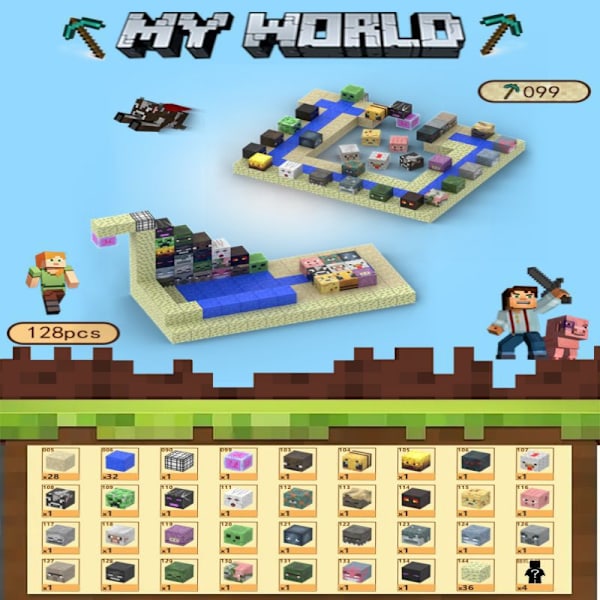 Minecraft byggeklodser, inklusive 128 seks-sidede magnetiske legetøj med 4 figurer{HH} Loot Shop