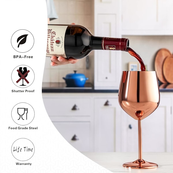 Vinglass Sett med 4, 53 cl Rustfrie Stål Vinglass, Uknuselige & Portable Vinglass med Stilk i Metall for Utendørs, Reise, Camping og P Rose Gold