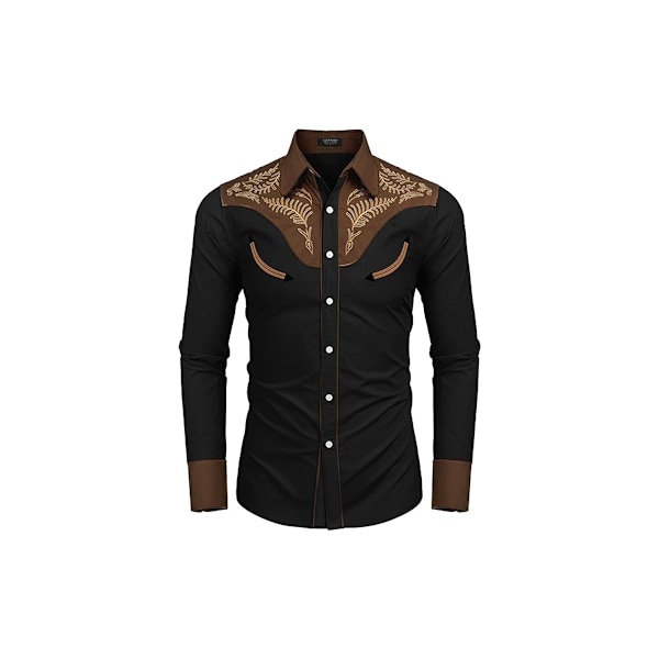 Cowboy skjorte til mænd, afslappet langærmet skjorte med knapper, sort{HH} black 2XL