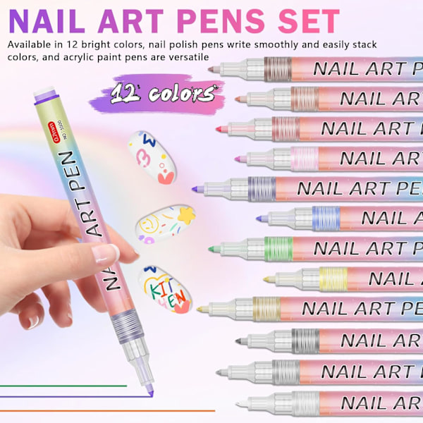 12 Färger Nagelkonstpennor för Nagelkonstdesign Akrylfärg Nagelkonstmarkörer Ritning Målning Nagelkonst Graffiti Penna Snabbtorkande Vatten