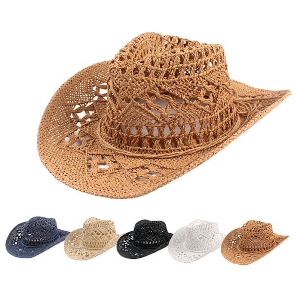 Cowboyhat i strå med bred skygge og hulmønster {hh} Navy