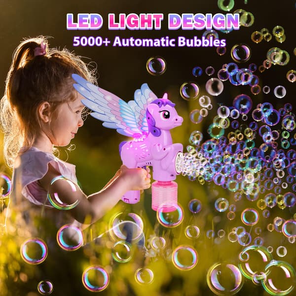 Bubble Guns for Kids, Luminous Unicorn Bubble Machine Gun with Wings, Automatic Bubble Maker Bubble Blaster for Kids (Purple)