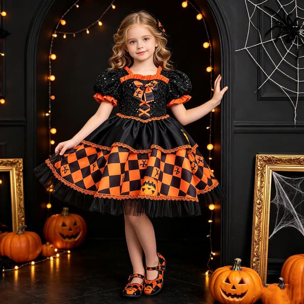 Blomstret Halloween Cosplay Kjole til Piger - Prinsessekostume til Feriefester WS085 - Orange - with Hat 140cm/7Y