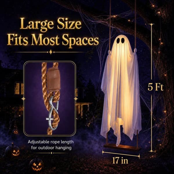 Large Halloween Hanging: Ghost on Swing (1.5 m / 5 ft), Pre-assembled (for Outdoor Use)