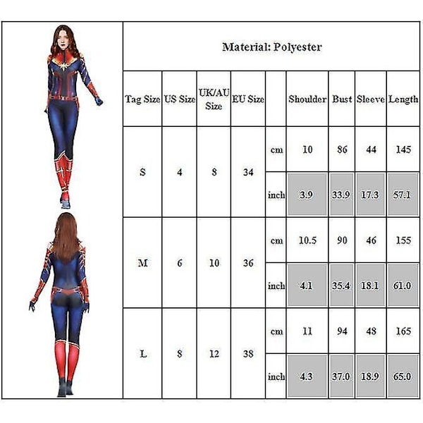 Captain Marvel Cosplay Hjältedräkt Kvinnor Captain Marvel Kostym Halloween Party Utklädnad BodysuitBY S