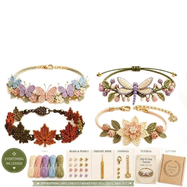 Hæklet armbånd DIY-sæt Botanisk stil smykker til begyndere Rustikt håndværk Dragonfly Bracelet Material Kit