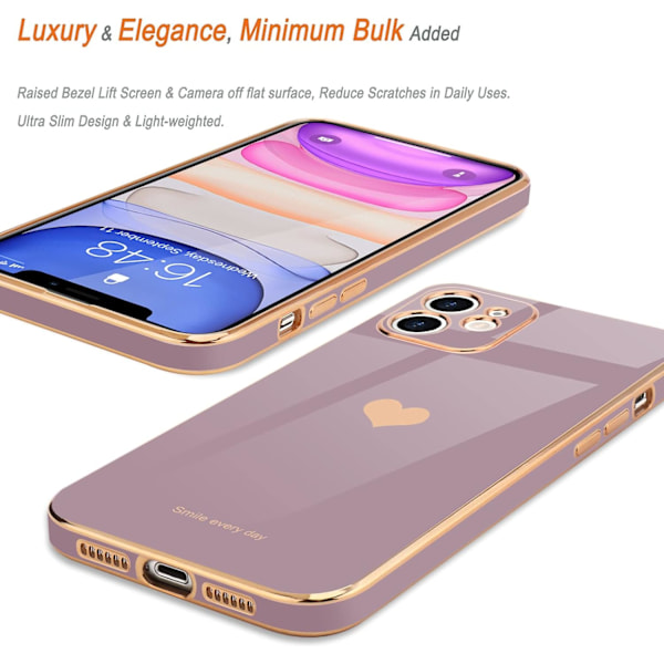 Kompatibelt med iPhone 11 Skal för Tjejer Kvinnor Sött Kärlekshjärta Lyx Bling Plätering Mjukt Baksida Upphöjt Kameraskydd, Lavendel{hh}