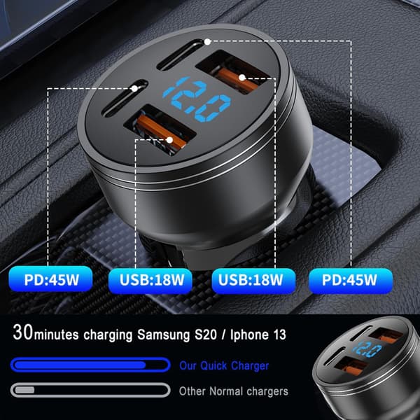 126W Biloplader USB C PD QC3.0 Hurtig Opladningsadapter med LED Voltmeter til iOS Android Tablets Telefoner