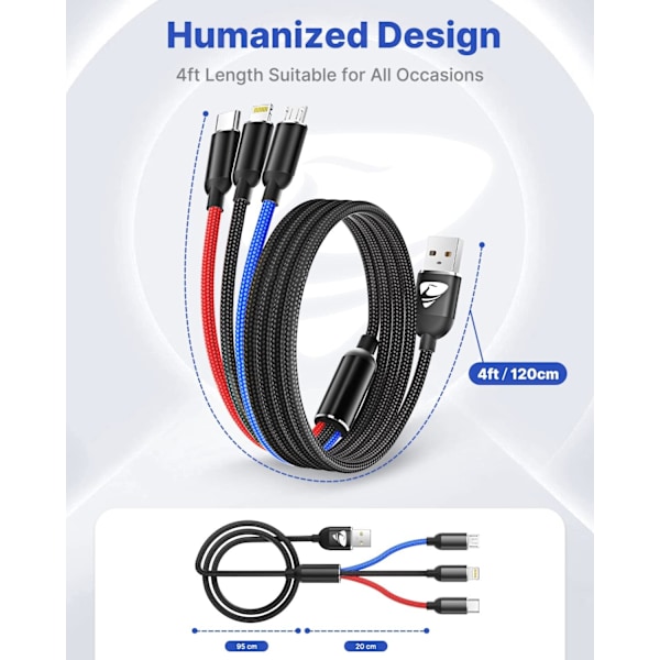 Monitoiminen latauskaapeli, Nylon-punottu 3-in-1 latauskaapeli, useita USB-kaapeleita, nopea lataus