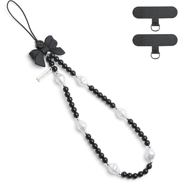 Elegant svart rosett pärlstav mobiltelefonberlock - Stilfull och vacker mobil handledsrem, söt accessoarberlock - Perfekt för iPhone