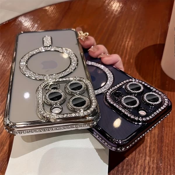 Ny Stil Magnetiskt Mobilskal med Strass för iPhone 16 15 14 13 12 11 Plus Pro Max Black IPhone 16 Pro Max