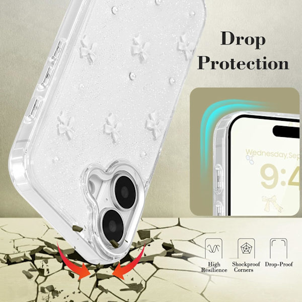 Compatible with iPhone 16 Plus, Bling Glitter 3D Bow Phone Case Cute Sparkly Crystal Clear Bow Slim Soft Durable Protective Case White Whit White iPhone 16 Plus