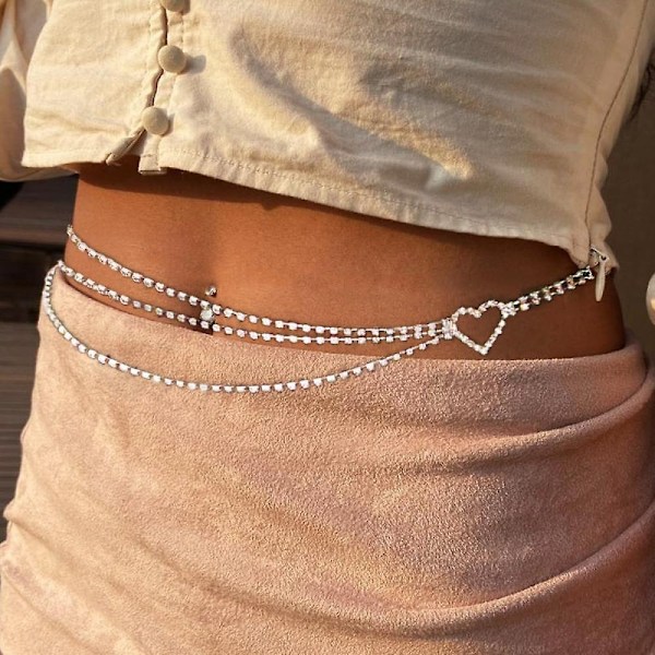 Lager Midjekedja Strass Magkedjor Bälte Sommar Strandkläder Kristall Kroppssmycken för Kvinnor och Flickor (Silver) - Perfet