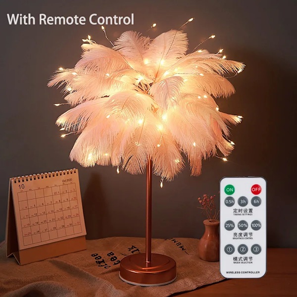 Kreativ Fjäderbordslampa med Fjärrkontroll USB/AA Batteridriven Bordslampa Trädfjäder Lampskärm Födelsedag Nattlampa, Rosa