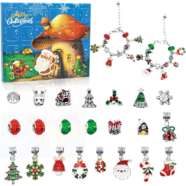 Julekalender Armbånd, 24 Dagers Juleteller Kalender DIY Smykkeproduksjonssett Gave med 22 Charms Perler 2 Armbånd