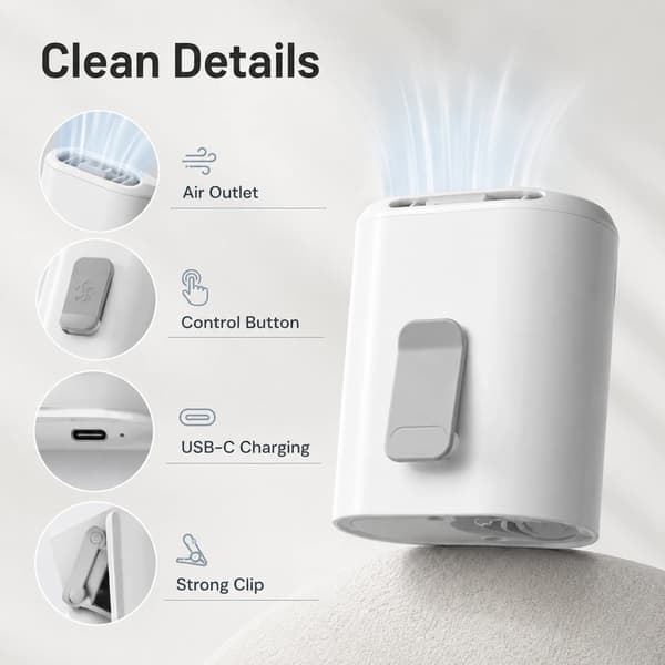 Bærbar taljeklemmeventilator, bærbar minikøleventilator til udendørs brug om sommeren, USB genopladelig kropsventilator White