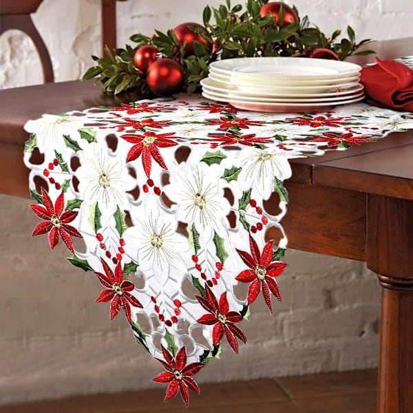 Broderte julebrikker med julestjerne og misteltein, lin til julepynt 36,8 cm x 175,3 cm