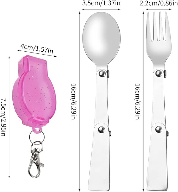 2-delt foldbart sæt med ske og gaffel i rustfrit stål - Bærbart campingsæt til udendørs picnic og rejser - Blå og pink