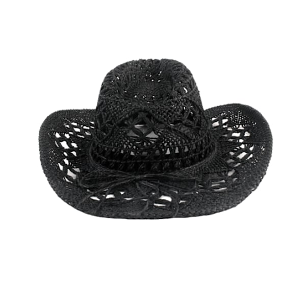 Cowboyhat i strå med bred skygge og hulmønster {hh} Black