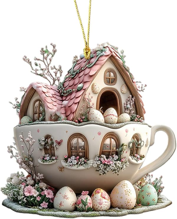 Påskehare Træhus Krus 8x8cm Julepynt Ornament til Skandinavisk Forårshjemindretning