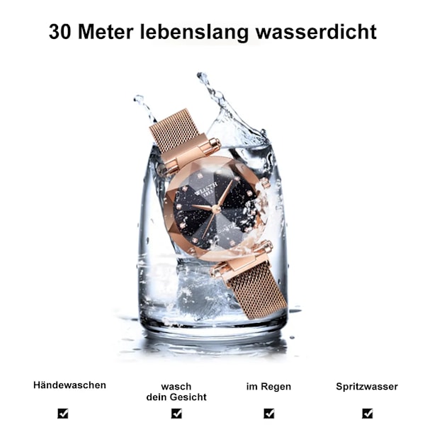 Damklocka i champagneguld med diamanturtavla och vattentät{HH}