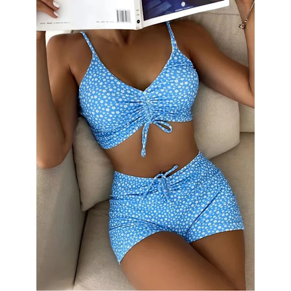 Högmidjad bikini för dam med push-up effekt och blommönster Blå{hh] Blue S